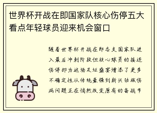 世界杯开战在即国家队核心伤停五大看点年轻球员迎来机会窗口